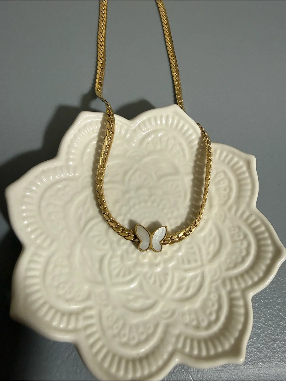 Dainty Mother of Pearl Butterfly Pendant Gold Plated Cuban Chain Necklace Boho